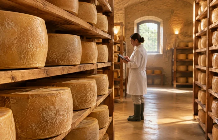 Forme di formaggio stagionato e controllo digitale della filiera Grana Padano
