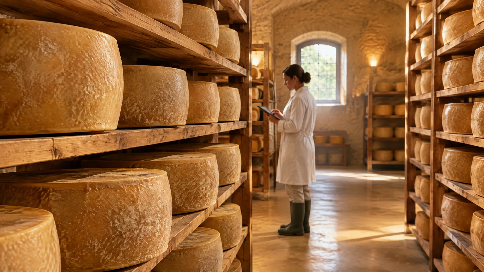 Forme di formaggio stagionato e controllo digitale della filiera Grana Padano