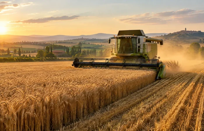Mietitrebbia al lavoro in un campo di grano