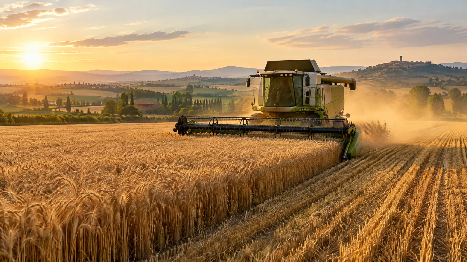 Mietitrebbia al lavoro in un campo di grano