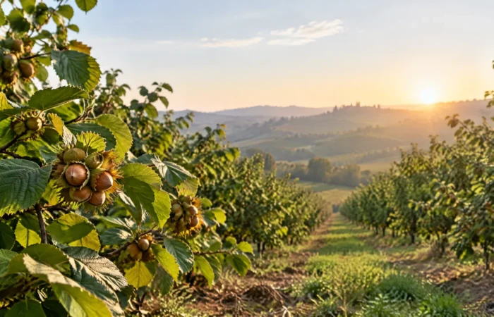 Nocciole italiane su ramo in un noccioleto