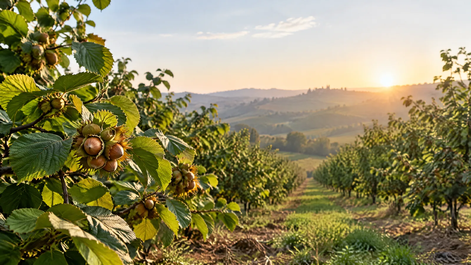 Nocciole italiane su ramo in un noccioleto
